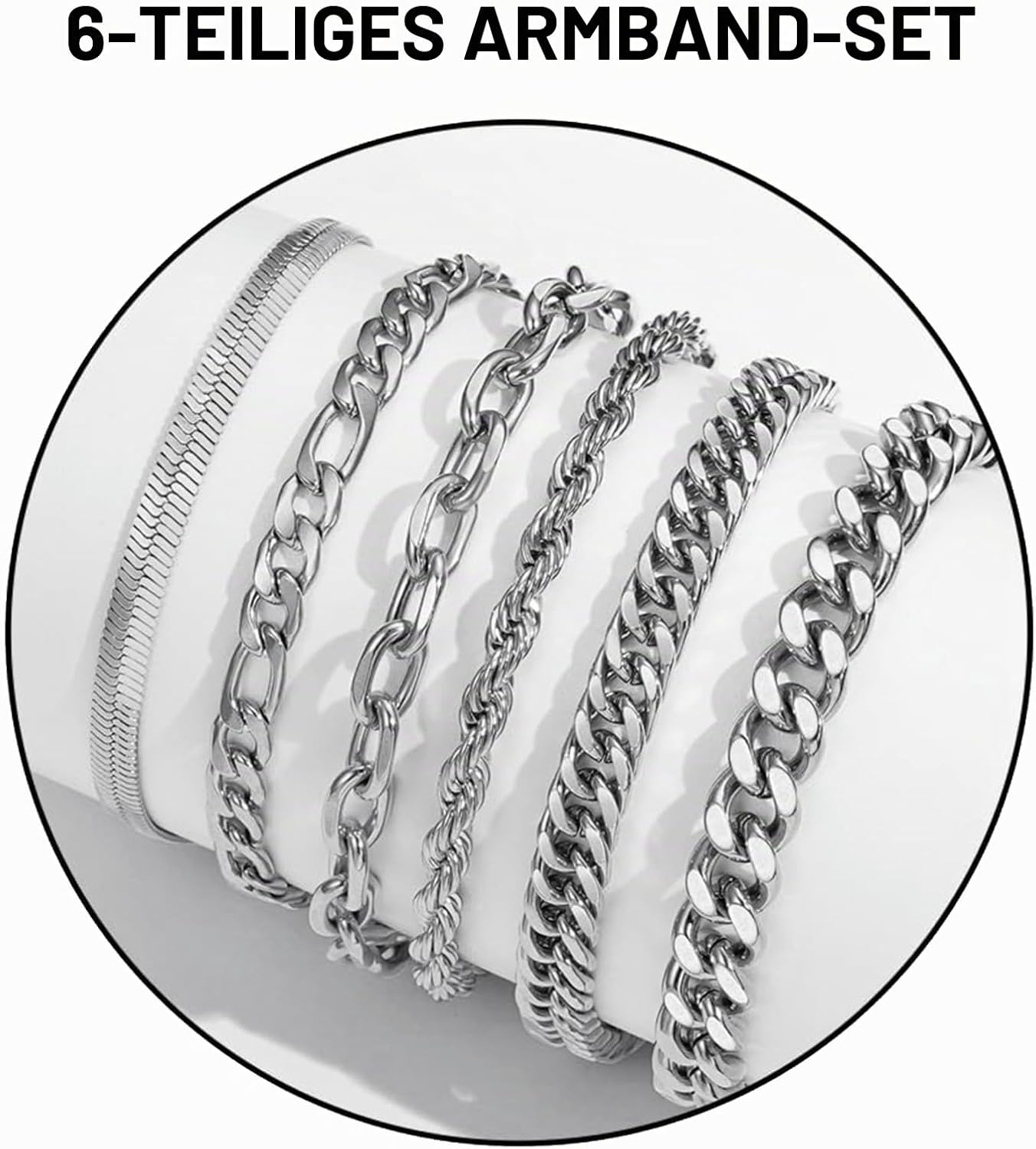 6 Pieces Silver Men's Bracelet Curb Chain, Men's Bracelets for Men Cuban Figaro, Cuban Men's Bracelet Jewellery Set, Jewellery Gifts for Dad, Boyfriend, Husband, Son, Length 22 cm – Bild 2