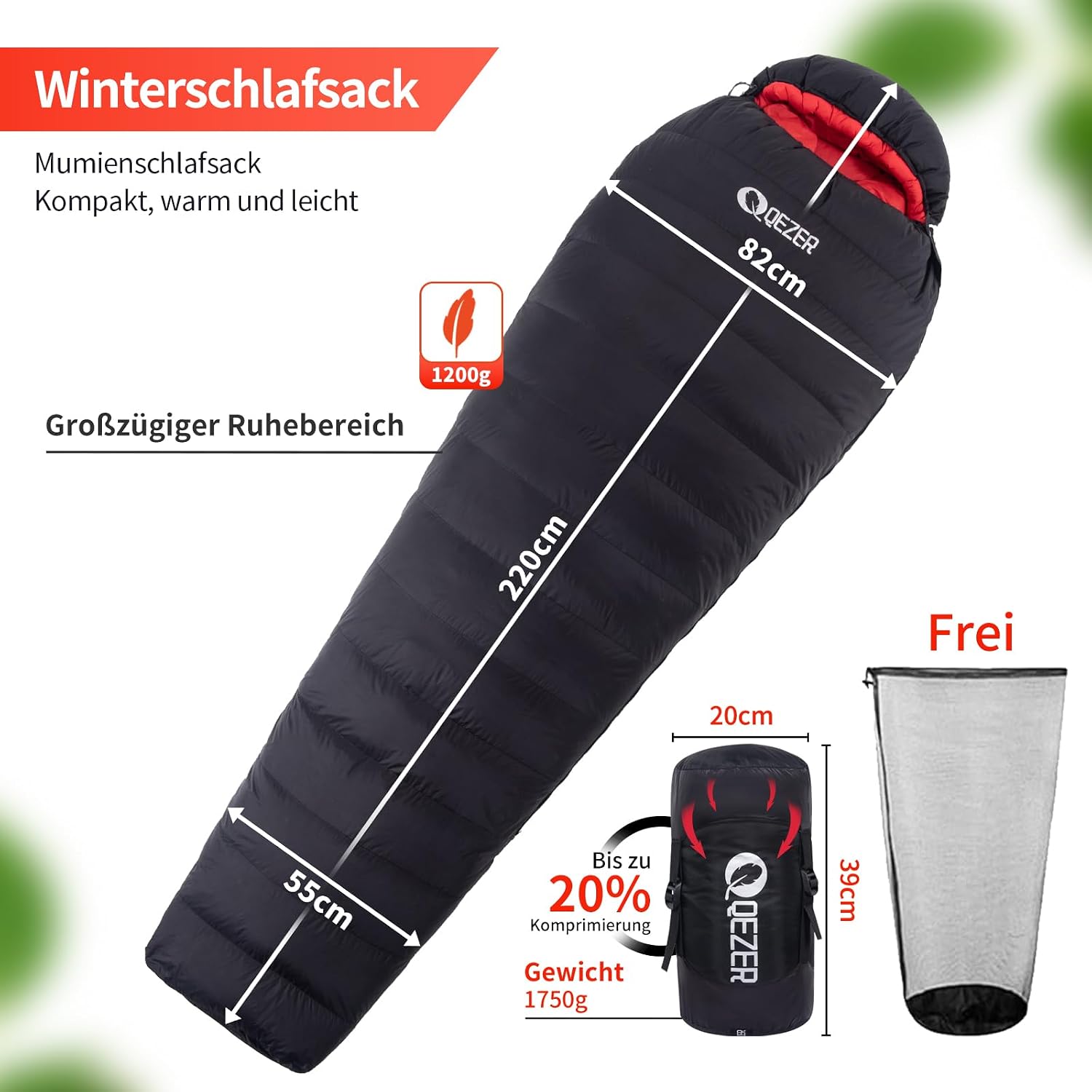 Down Sleeping Bag, Warm Lightweight Winter Sleeping Bag 0 °C to -23 °C for Adults and Children, 4 Seasons, Camping, Outdoor and Indoor