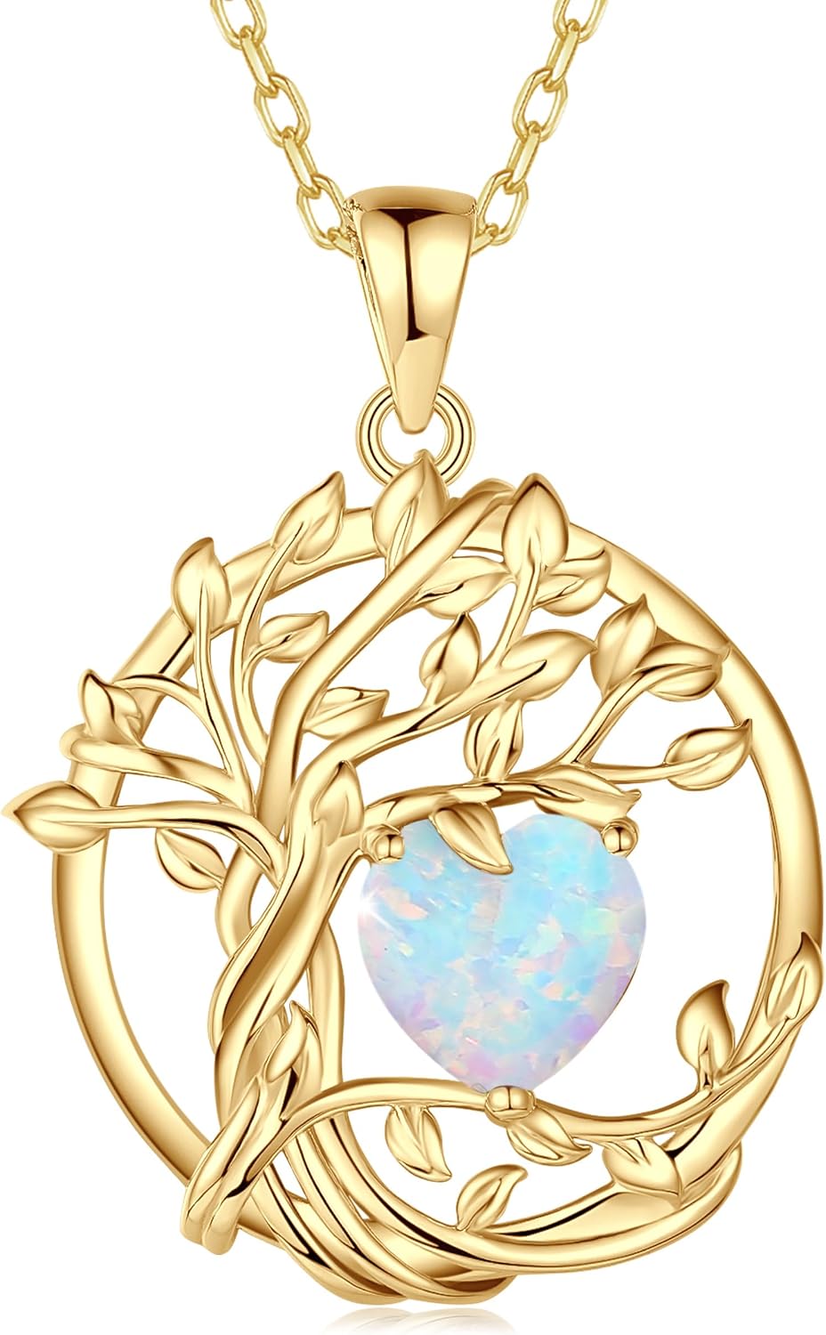 FANCIME Tree of Life Necklace for Women, Yellow Gold Plated Tree of Life Gemstone Pendant Necklace, Jewellery Gifts for Women, Girls, Chain Length: 40 + 5 cm