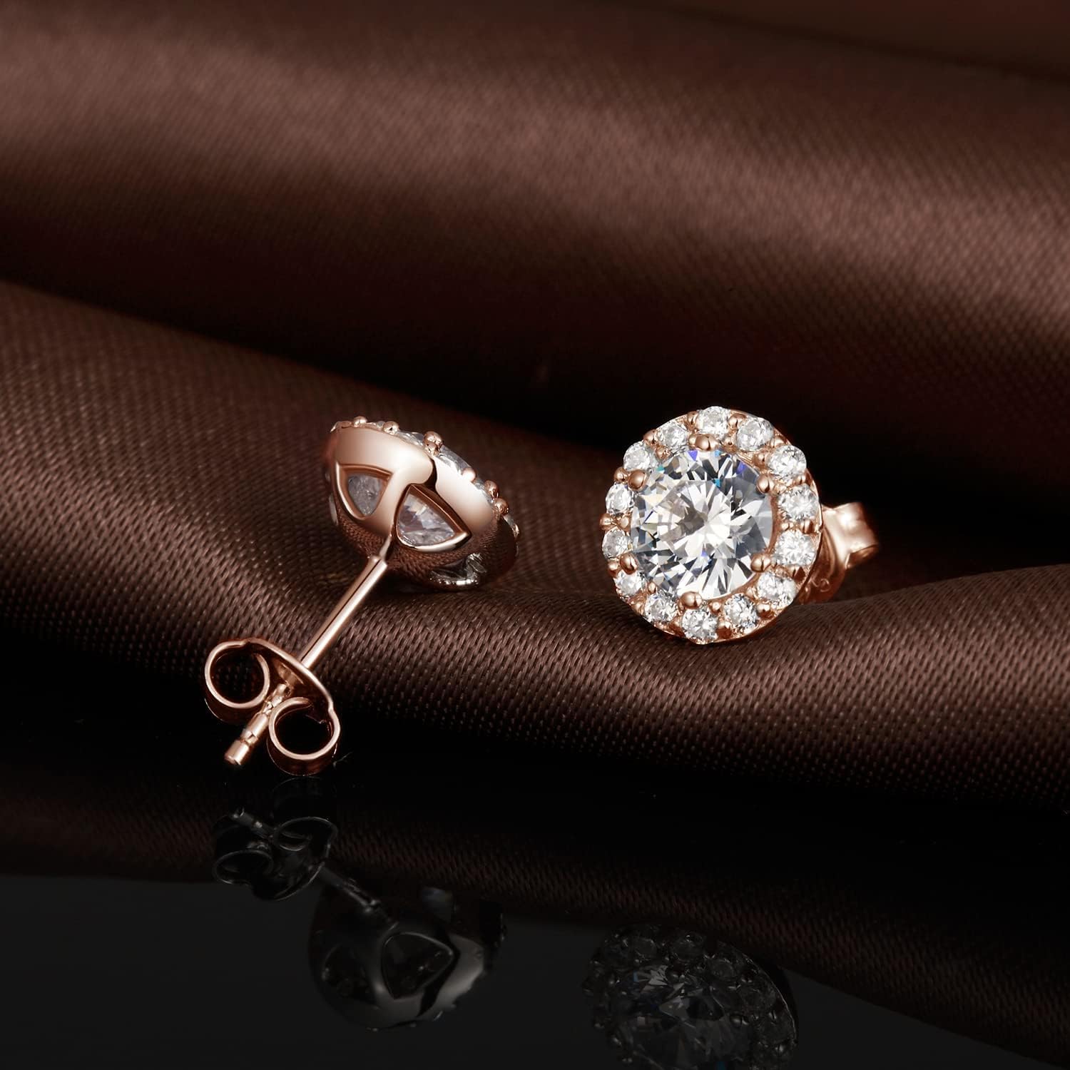 18K Plated Round Diamond Brilliant Halo Stud Earrings Fine Jewel for Men and Women with Box – Bild 2