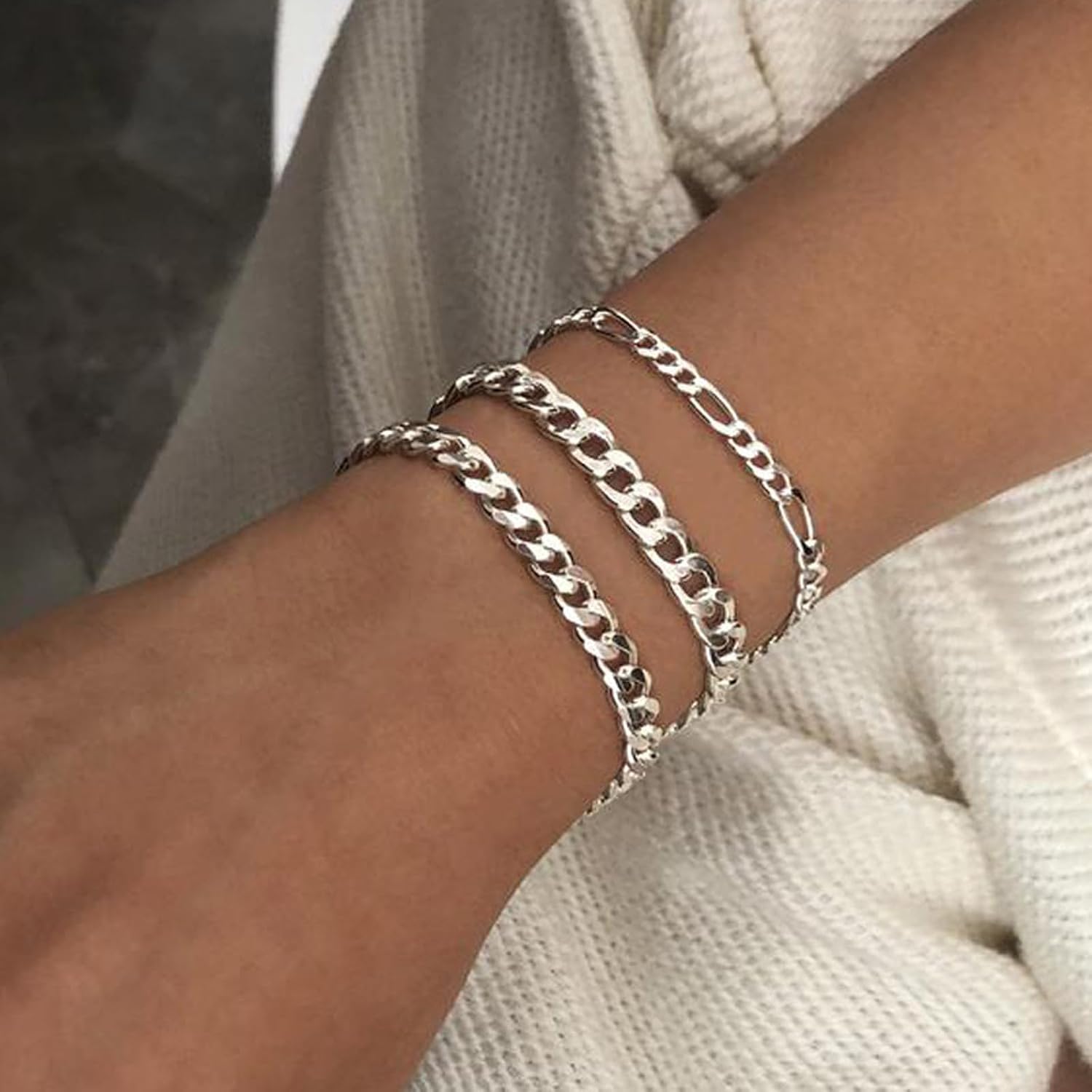 6 Pieces Silver Men's Bracelet Curb Chain, Men's Bracelets for Men Cuban Figaro, Cuban Men's Bracelet Jewellery Set, Jewellery Gifts for Dad, Boyfriend, Husband, Son, Length 22 cm – Bild 6