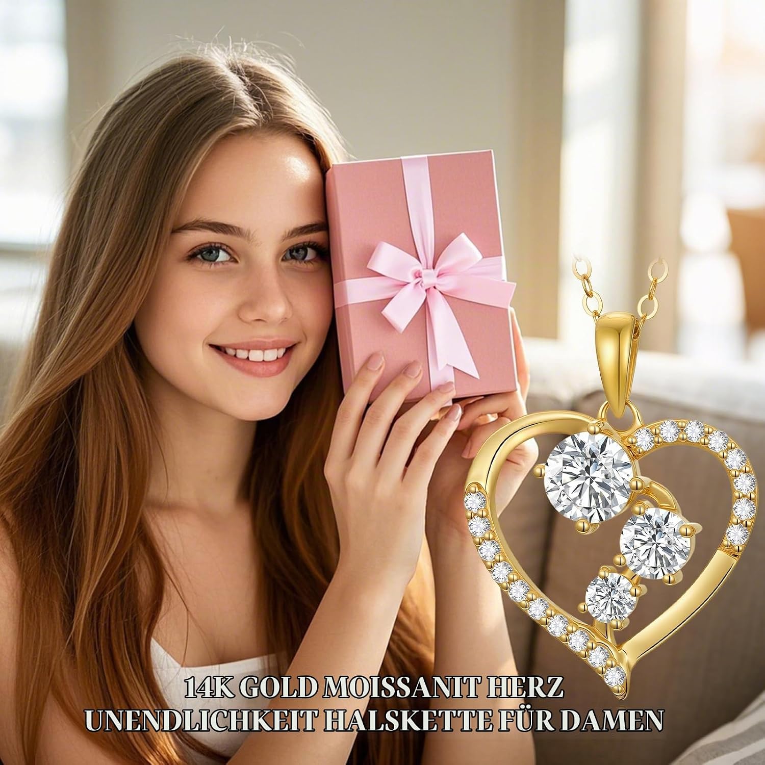 375/9K Echtgold Herz Kette für Damen, Gelbgold 0,55-1,2 cttw Moissanit Unendlichkeit Herz Anhänger Halskette,Schmuckgeschenk Jahrestag Geburtstag für Ehefrau Mutter,40+5cm – Bild 5