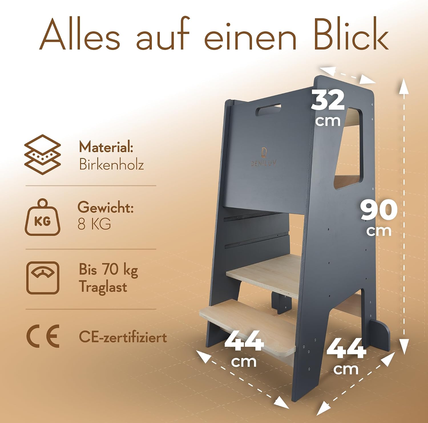 Children's Learning Tower Height Adjustable from 1 Year with Removable Front Step Stool for Kitchen Bathroom Ladder Chair White Black Grey Choose Colour Now – Bild 9