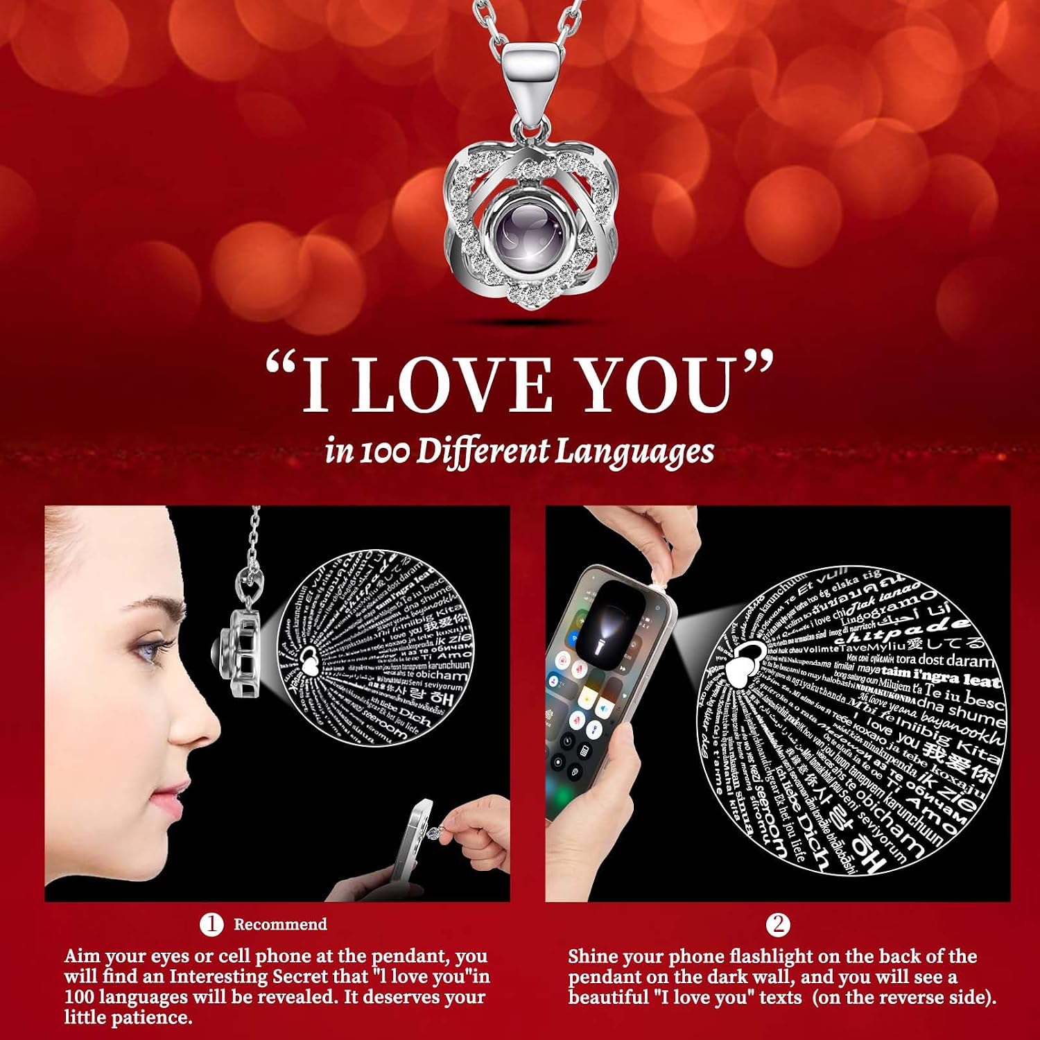 Lebana Eternal Rose with Heart Necklace and LED Lighting Gift Set for Women Mum Girlfriend for Birthday Christmas Valentine's Day Wedding Anniversary Mother's Day Red – Bild 3