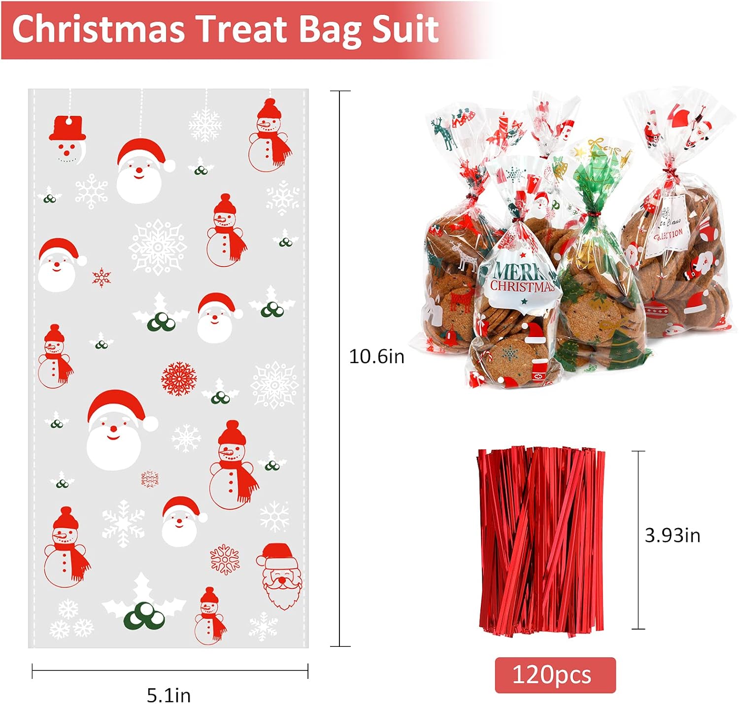 Pack of 120 Cellophane Bags, Christmas Candy Bags, Biscuits, Goody Bags with 120 Twist Ties, Bags for Filling, Cellophane Bags, Small for Cookies, Biscuits, Chocolates (5 Styles) – Bild 7