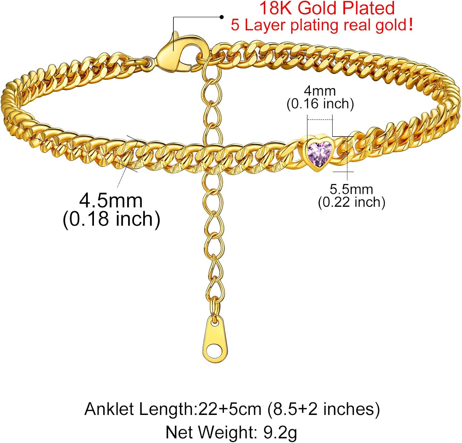GoldChic Anklet Women's Gold Anklet for Women Girls 4 mm Wide Classic Curb Chain Anklet Bracelet Zirconia Anklet 22 cm + 5 cm Adjustable Summer Beach Foot Jewellery – Bild 7