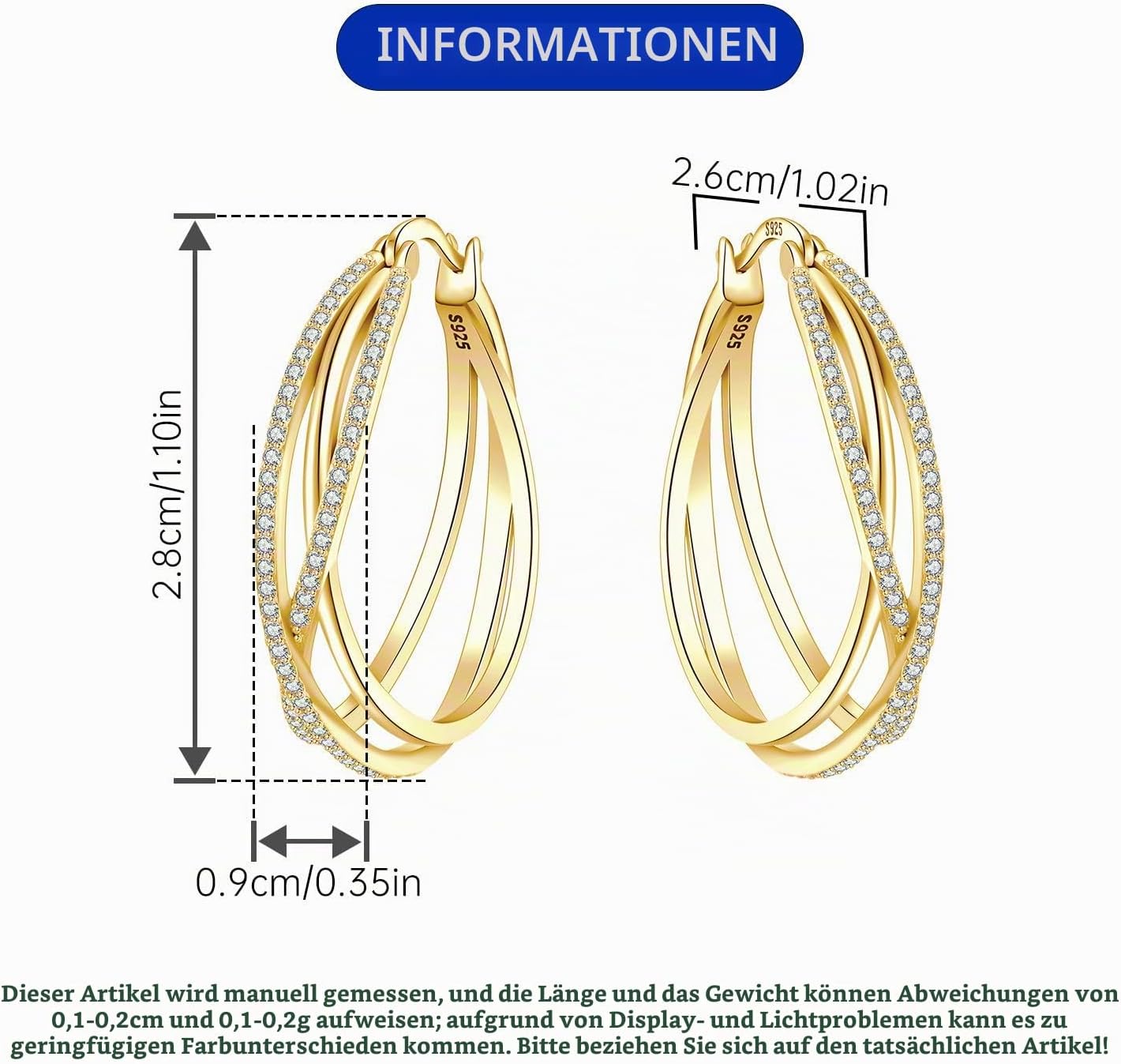 Gold-Plated Earrings Silver 925 Hoop Earrings for Women Gold Earrings for Women Earrings Gold Earrings Women's Earrings Women's Gold Jewellery Gifts – Bild 3