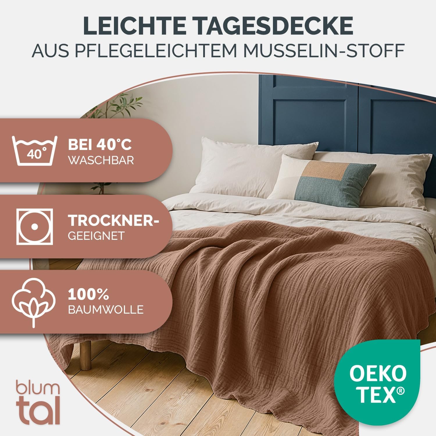 Blumtal Tagesdecke Baumwolle 220x240 cm - Musselin Decke Oeko-TEX Zertifiziert - Bettüberwurf 220x240 - Couch Überwurf - Kuscheldecke Baumwolle 100% - Überwurf Bett - Tagesdecke Couch in Copper – Bild 2