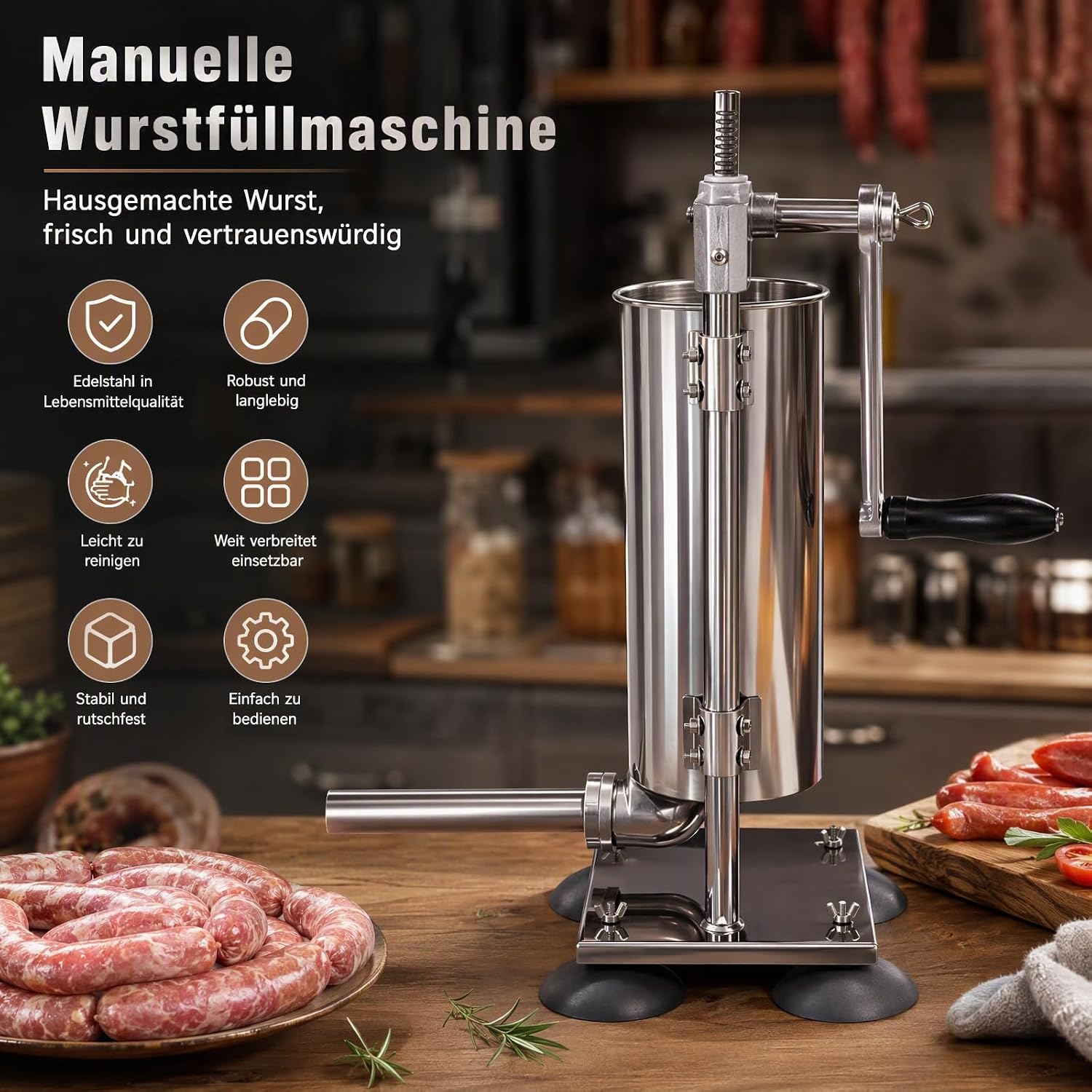 3L Sausage Stuffer Manual Sausage Machine, Stainless Steel Vertical Hand Crank Sausage Sausage Stuffer Machine with Stainless Steel Tubes Plastic Tubes Suction Cups for Kitchen Restaurants – Bild 5