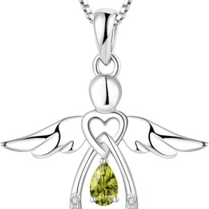 FJ Women’s Chain Guardian Angel Pendant Necklace in 925 Sterling Silver, Angel Chain with Cubic Zirconia Birthstone, Jewellery Gifts for Women and Girls