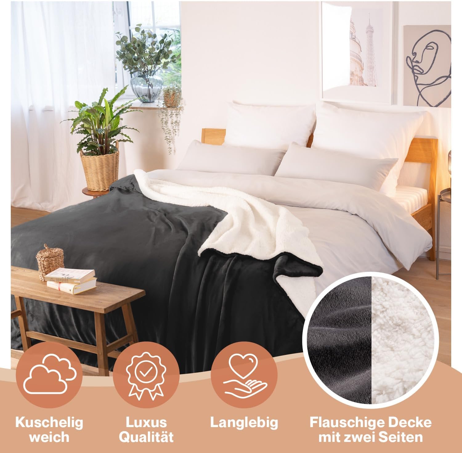 Blumtal Premium Sherpa Cuddly Blanket, Fluffy, 150 x 200 cm, Oeko-Tex Certified, Sofa Blanket with Thick Sherpa Inside, Super Fluffy Blanket, Extra Thick and Warming, Plush Blanket, Anthracite – Bild 3