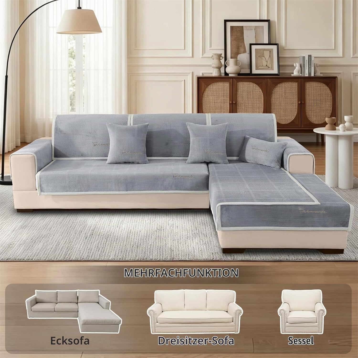 LINGKY Couch Cover, Sofa Cover, 1-/2-/3-/4-Seater, L-Shaped, Corner Sofa Cover, Sofa Covers for Seats, Non-Slip Sofa Protector, Universal Sofa Throw (Grey, 90 x 160 cm, Rectangular) – Bild 2