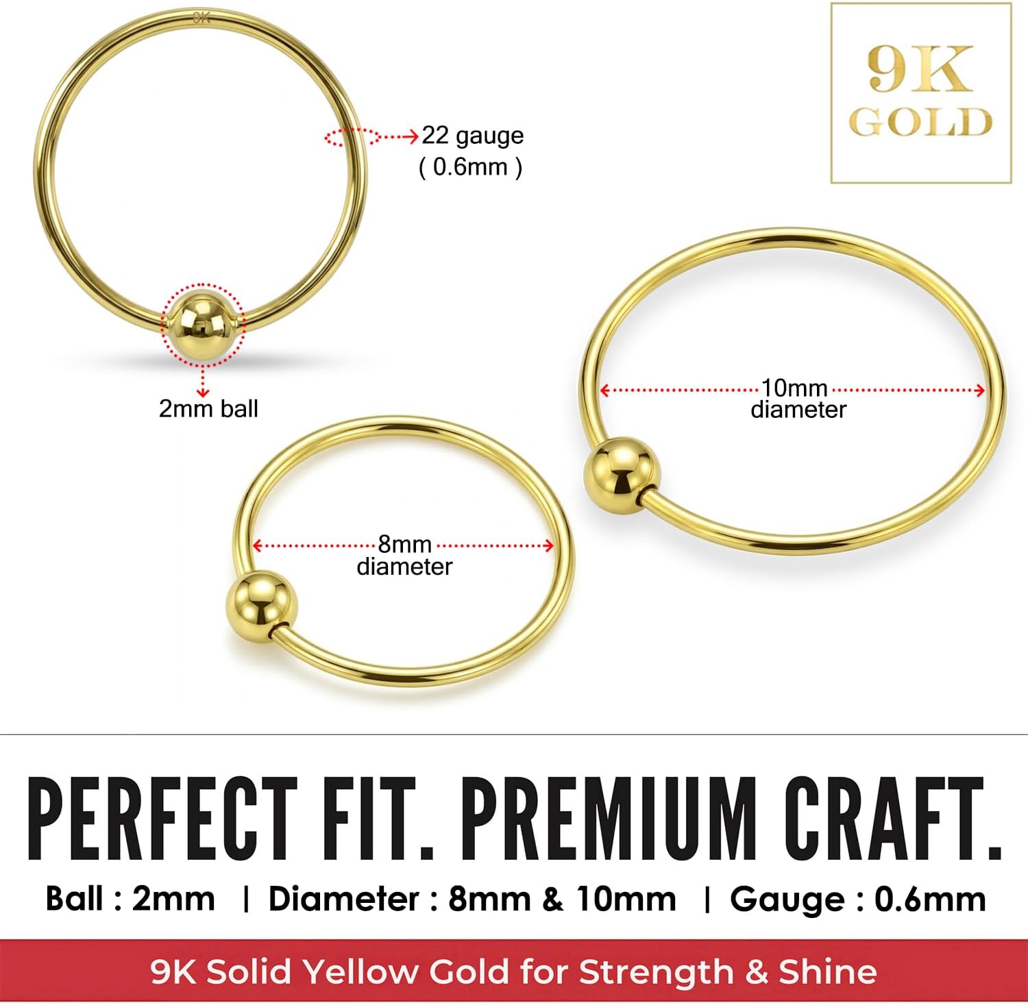 Monster Piercing 9K Gold Nose Ring Nose Piercing 22 Gauge - 8 mm or 10 mm Diameter Open Nose Ring Nose Piercing Women Men – Bild 2