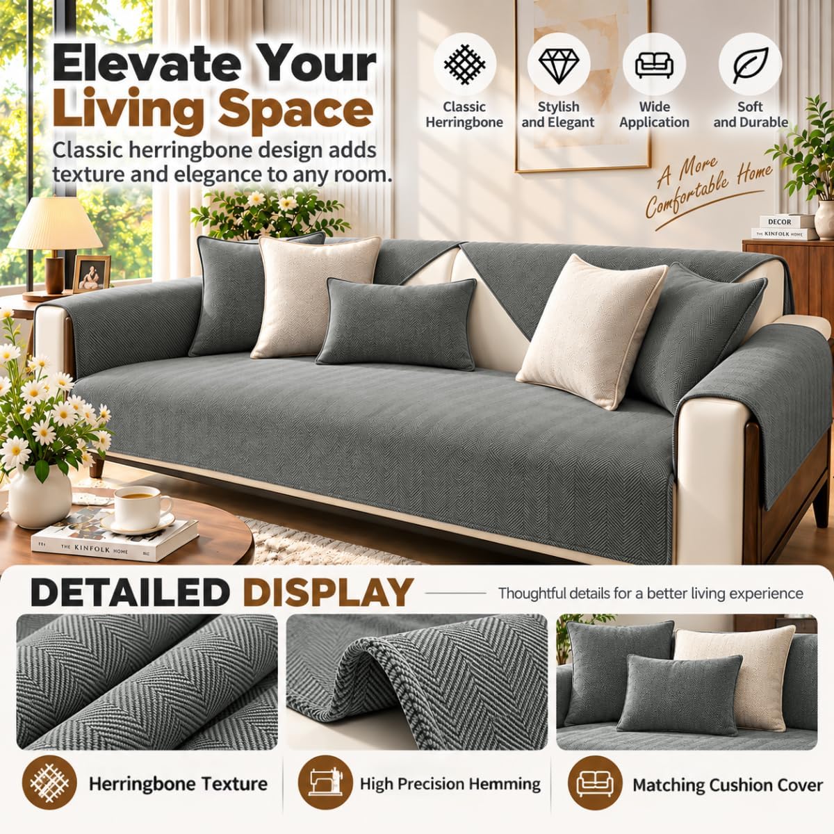 Sofa Cover, Throw Blankets for Sofa, Sofa Protector Non-Slip, Sofa Blankets for Seat, Sofa Cover L Shape 1/2/3/4-Seater Corner Sofa Cover, Couch Throw Dog Cat, Grey, 70 x 70 cm – Bild 3