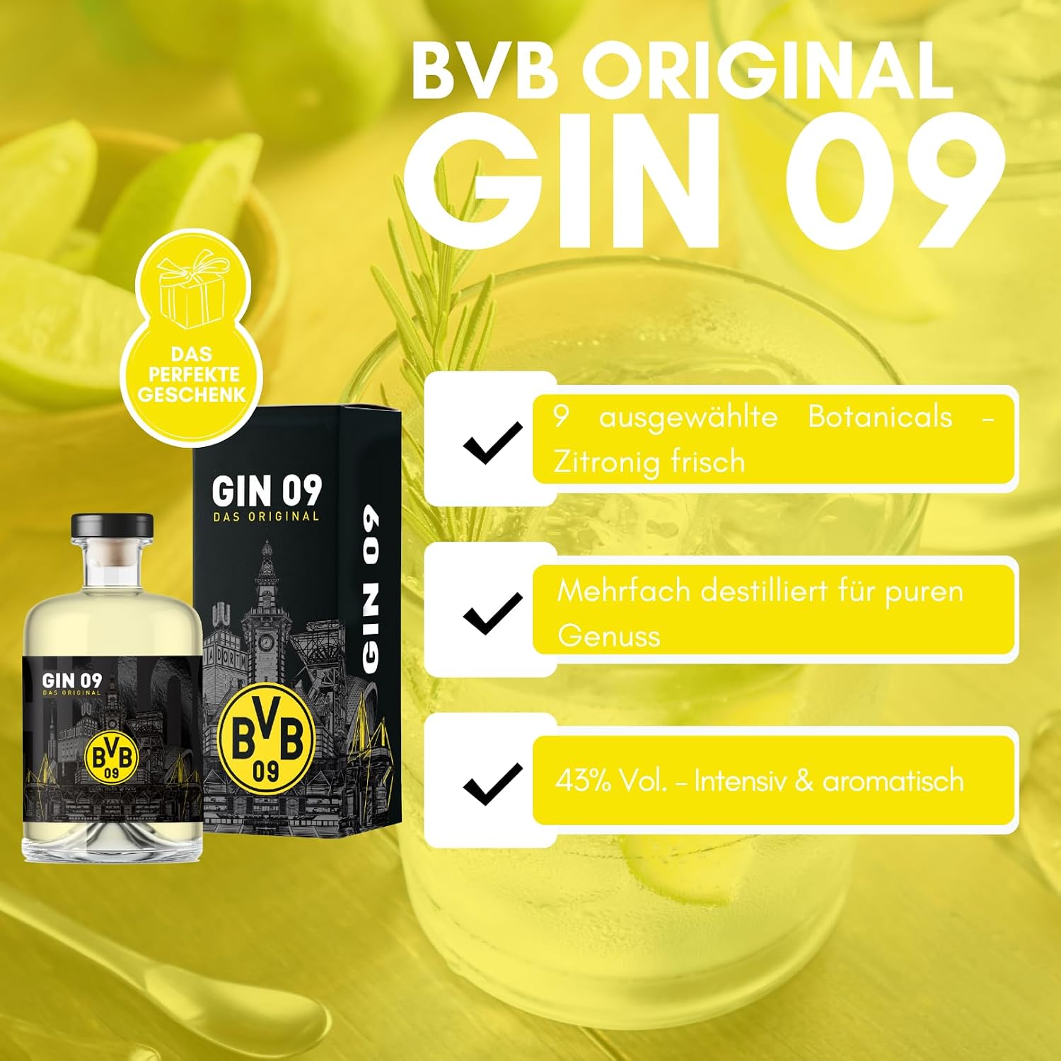 BVB Gin 09 - The Original | with Gift Packaging | Fan Item, Men, Women, Christmas | Excellent Gin of BVB09 | Gift Idea, Borussia Dortmund Fans | 500 ml Single Bottle, 43% Vol – Bild 3