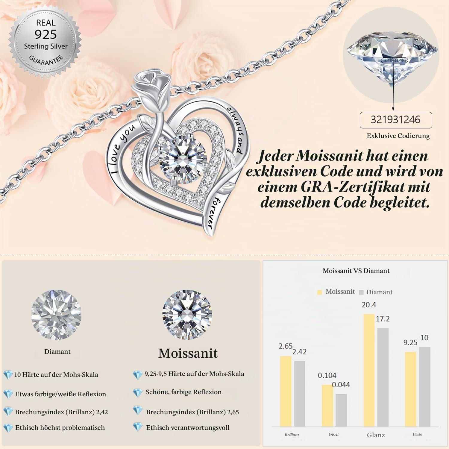 LAVUMO Moissanite Halskette Damen Silber 925 Herz Rose Schmuck Geschenke – Bild 3