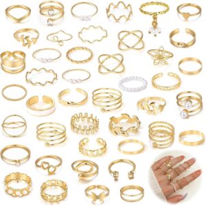 43 Pieces Adjustable Ring Gold Set, Jewellery Gold Rings Thumb Rings Waterproof Golden Rings Women’s Rings Set, Thumb Ring for Women Girls Fashion Jewellery