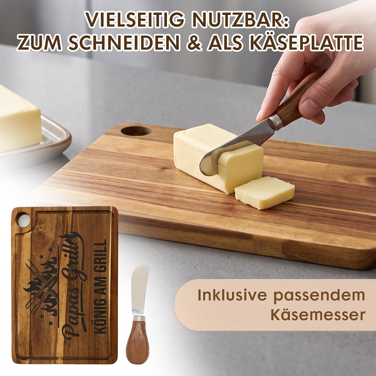 Papa Gifts - Acacia Wood Chopping Board with Cheese Knife, Dad Gift Birthday, Father's Day Gift for Dad, Dad Gift Christmas, Christmas Gifts for Dad – Bild 4