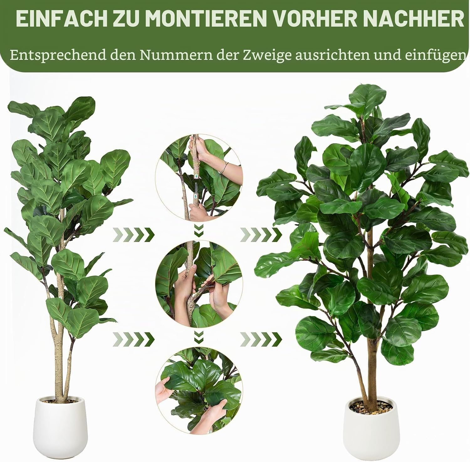 Artificial Plant Fiddle Ficus Tree 150 cm, Artificial Plants Large with White Pot and Decorative Pebbles, Artificial Plants Like Real for Decoration of Offices, Living Rooms and Bedrooms – Bild 3