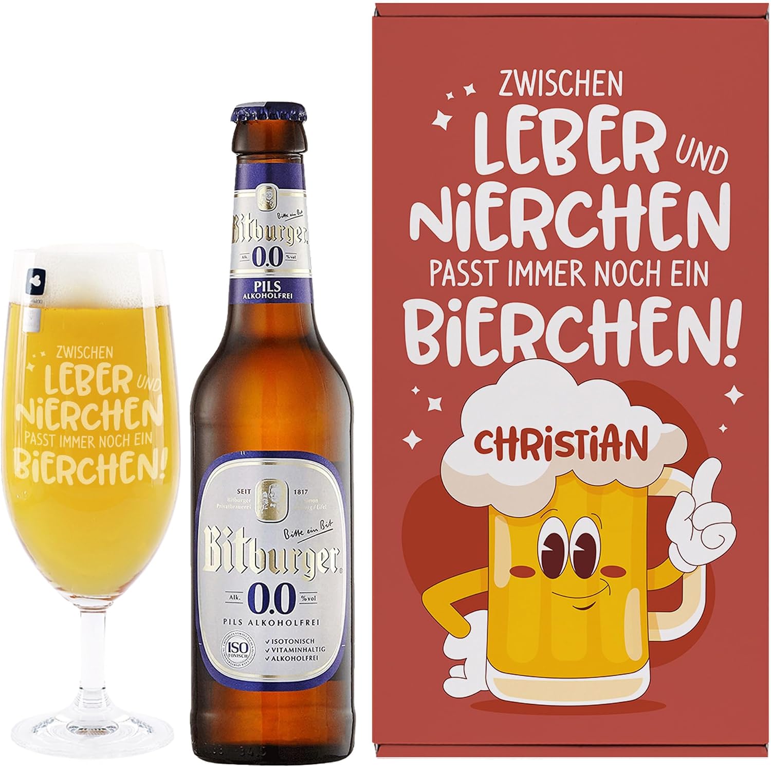 Herz & Heim Personalised Beer Gift Set for Men with Beer Glass, Gift Box & Beer - Leikeim, Gösser or Bitburger Alcohol-free (Gift Box 35.5 x 10.5 x 19 cm (W x H x D), Bitburger Alcohol Free)