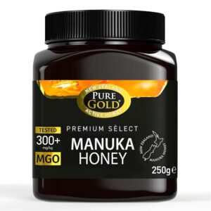 Pure Gold – Manuka Honig – 300+ MGO zertifiziert Premium – 250g – Neuseeland, ethisch bezogen, roh & unpasteurisiert – natürlich von Bienen hergestellt & zuhause rückverfolgbar – 1er Pack
