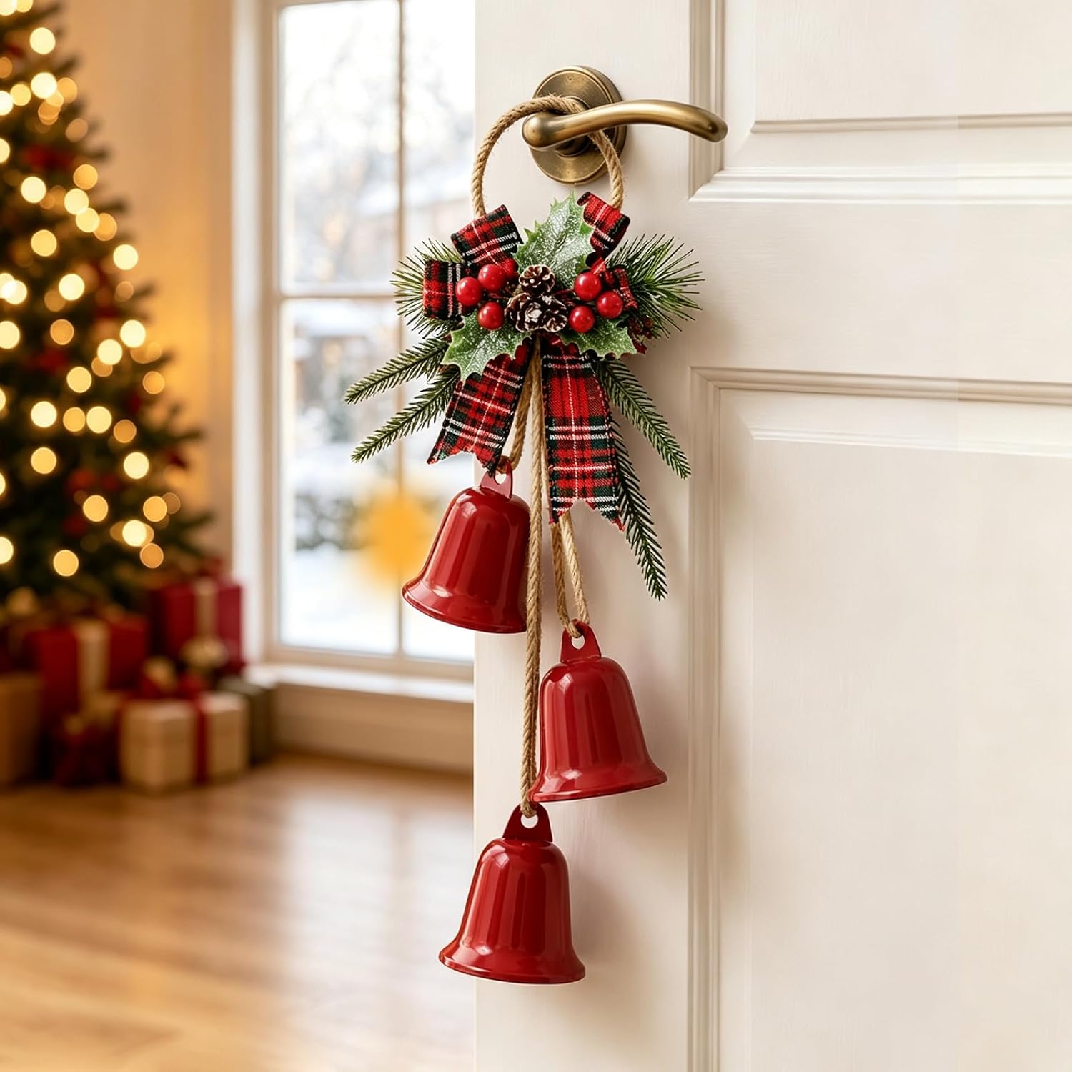 Red Christmas Bells Hanging 3 Large Rustic Bells with Jute Rope