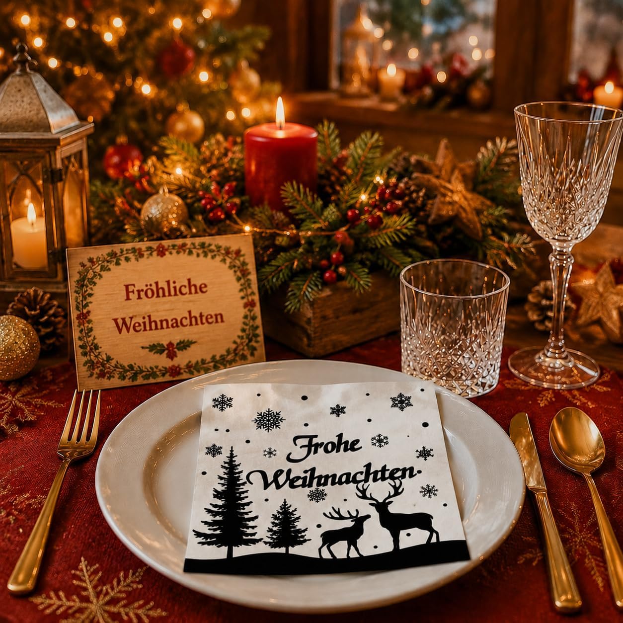 Pack of 50 Napkins Christmas Black, Seutgjie Table Decoration Christmas Dining Table with Deer Snowflakes Motif Christmas Napkins Party Set Table – Bild 4