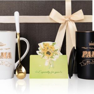Mama and Dad Mug Set - Best Mum & Dad in the World Coffee Cups with Lid, Spoon & Gift Box, Birthday or Christmas Gift
