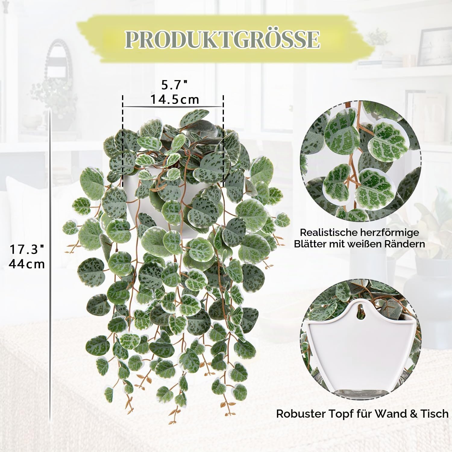 Artificial Plants Hanging 44 cm, Decorative Plants Artificial Plants in Plastic Pot, Artificial Plants Like Real, Green Artificial Plant Hanging Eucalyptus, Plastic Plants of Heart Leaf for Living Room Office Decoration – Bild 2