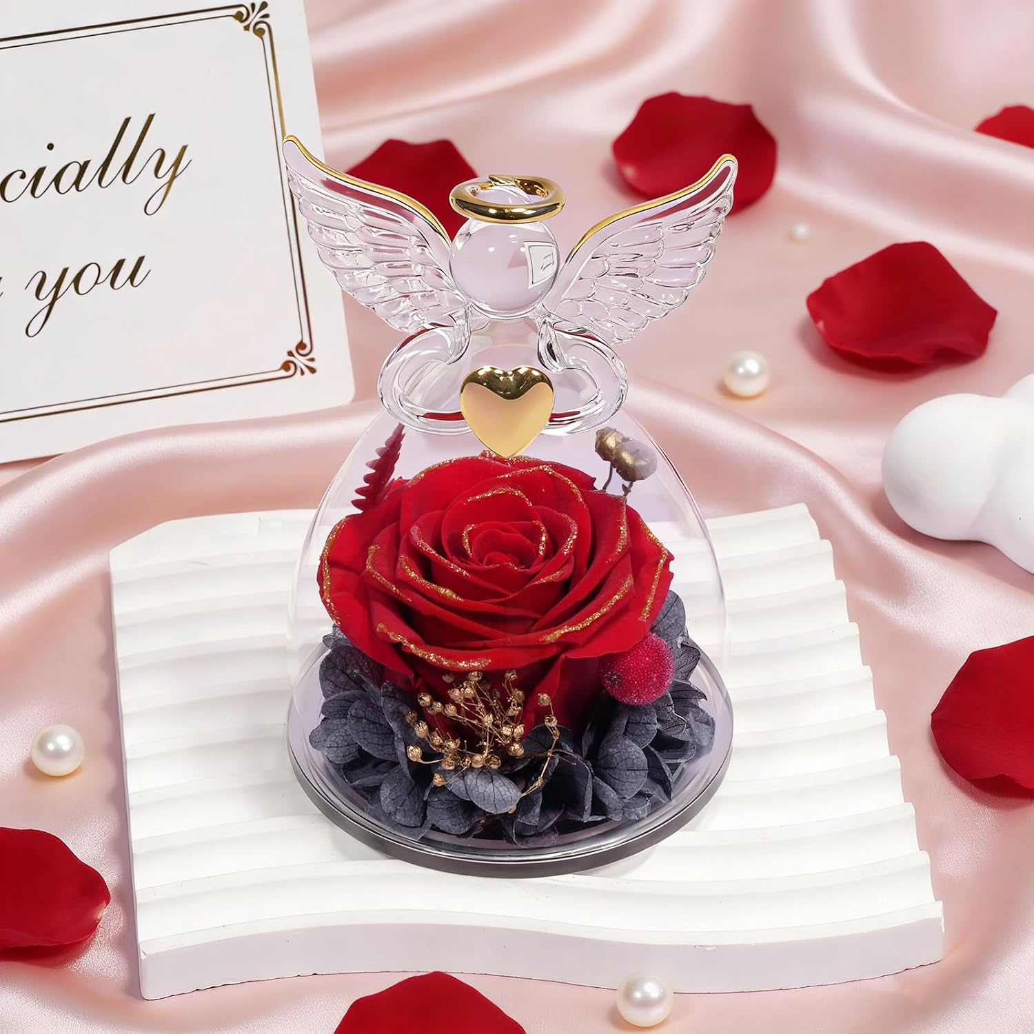 Yamonic Eternal Rose Angel Gifts for Women, Eternal Rose in Glass Gifts for Mum, Angel Figure, Birthday Gifts for Women, Grandma Gift, Real Rose Guardian Angel, Christmas, Mother's Day Gift – Bild 2