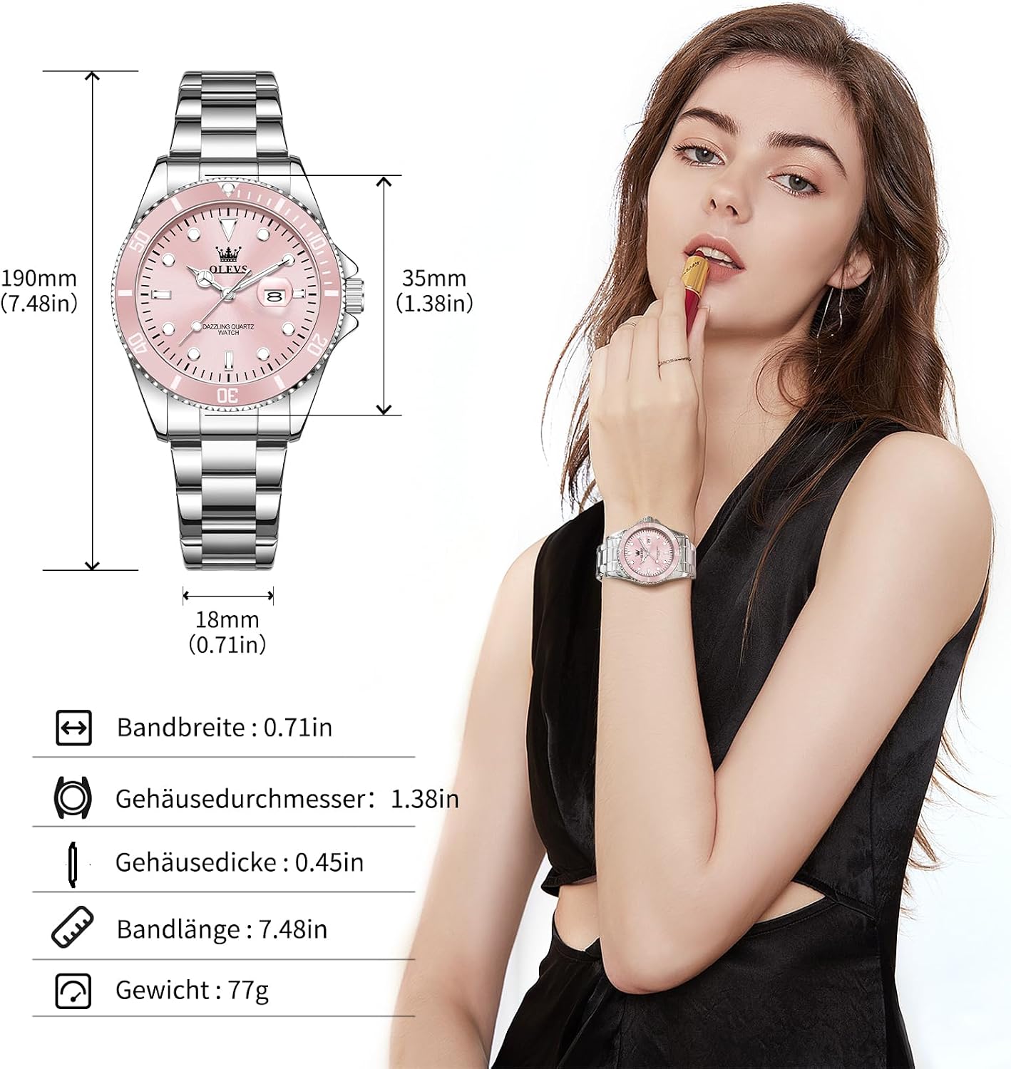 OLEVS Women's Watch Analogue Quartz Waterproof Classic Women's Watch Silver Stainless Steel Strap with Date Diamond Slim Design Suitable for Narrow Wrists – Bild 3