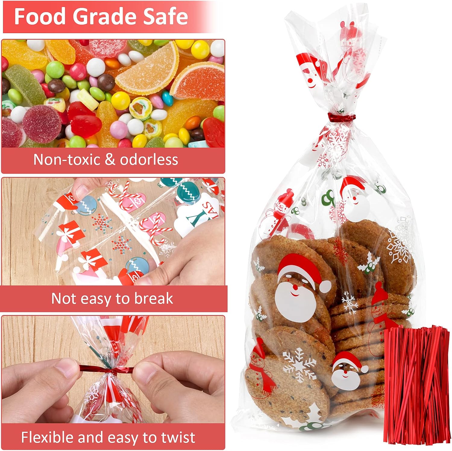 Pack of 120 Cellophane Bags, Christmas Candy Bags, Biscuits, Goody Bags with 120 Twist Ties, Bags for Filling, Cellophane Bags, Small for Cookies, Biscuits, Chocolates (5 Styles) – Bild 3