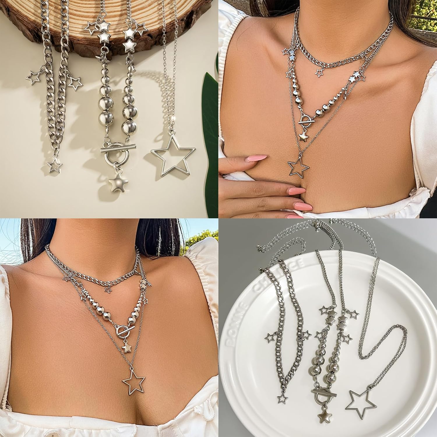 5 Pieces Silver Star Necklace, Women's Stud Earrings Necklace, Y2K Jewellery Set, Kawaii Cute Necklaces, Aesthetic Vintage Emo Jewellery – Bild 5