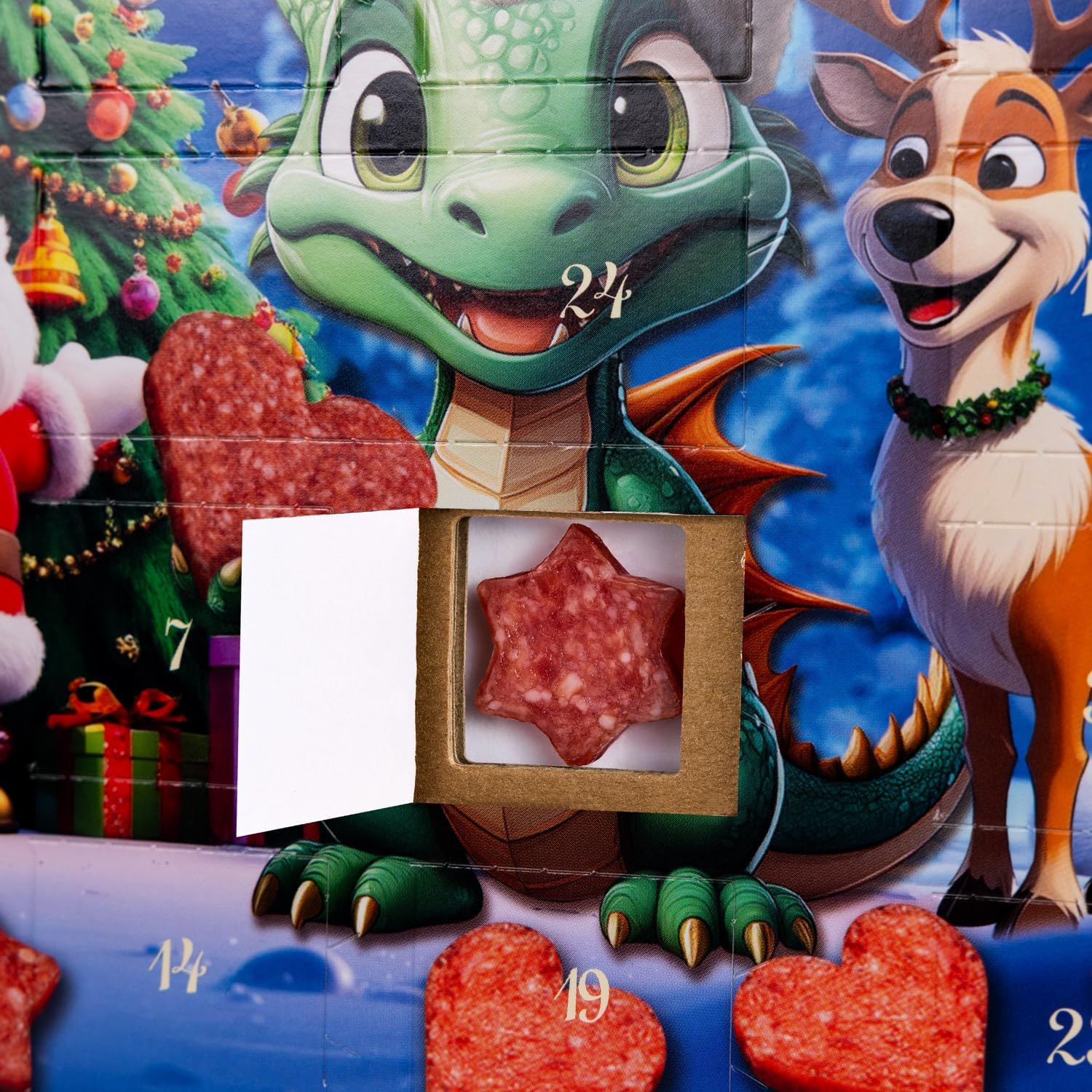 WURSTBARON Draco Salami Advent Calendar - 24 Mini Sausage Stars and Hearts, Snacks and Treats for Children at Christmas - High Quality and Smoky Flavours, 40.8 g – Bild 3