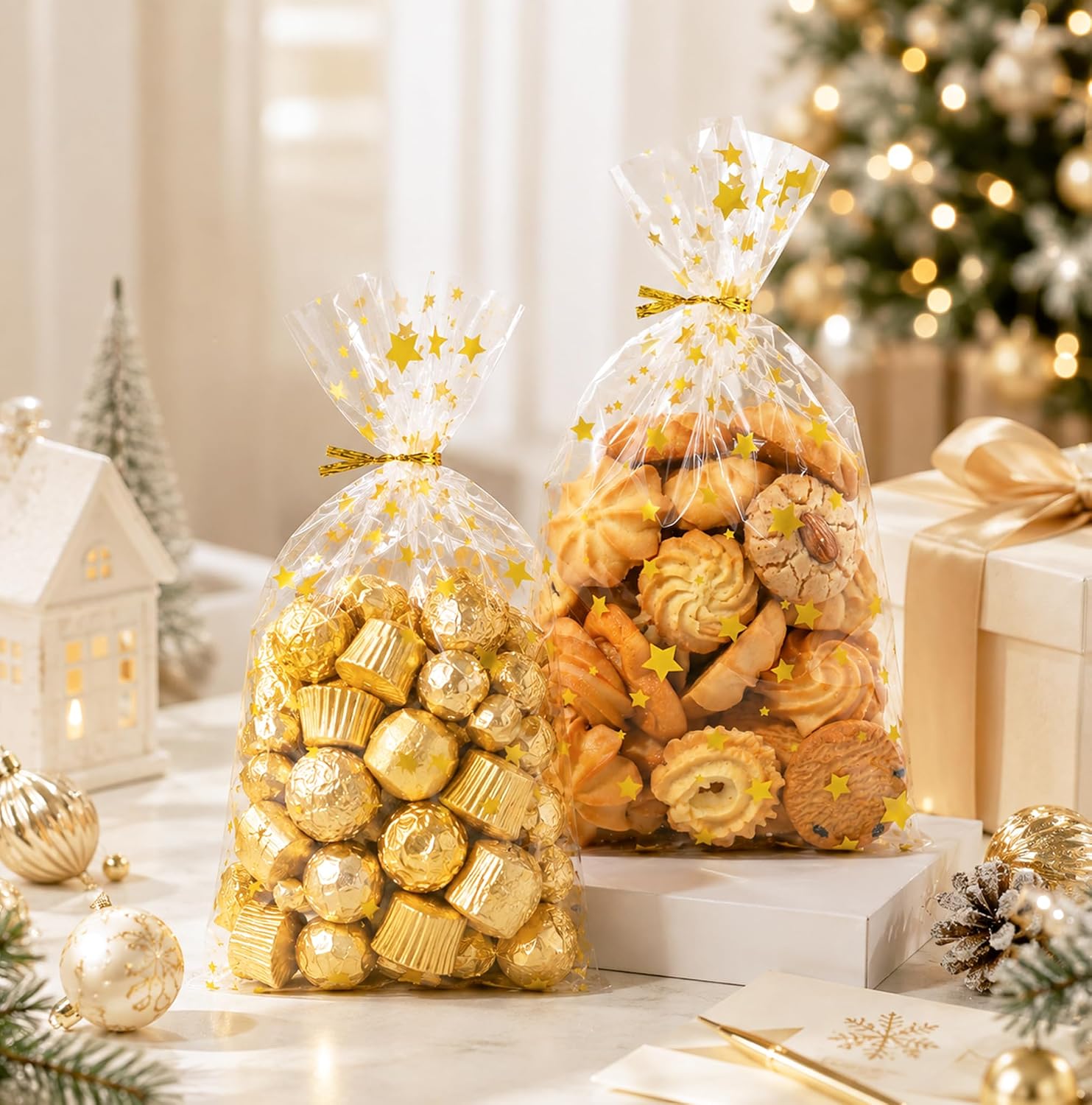 Pack of 100 Christmas Cookie Bags - Golden Star Biscuit Bags Christmas 15 x 25 cm | Cellophane Bags Transparent with Twist Ties, Christmas Bags for Filling for Biscuits, Sweets – Bild 5
