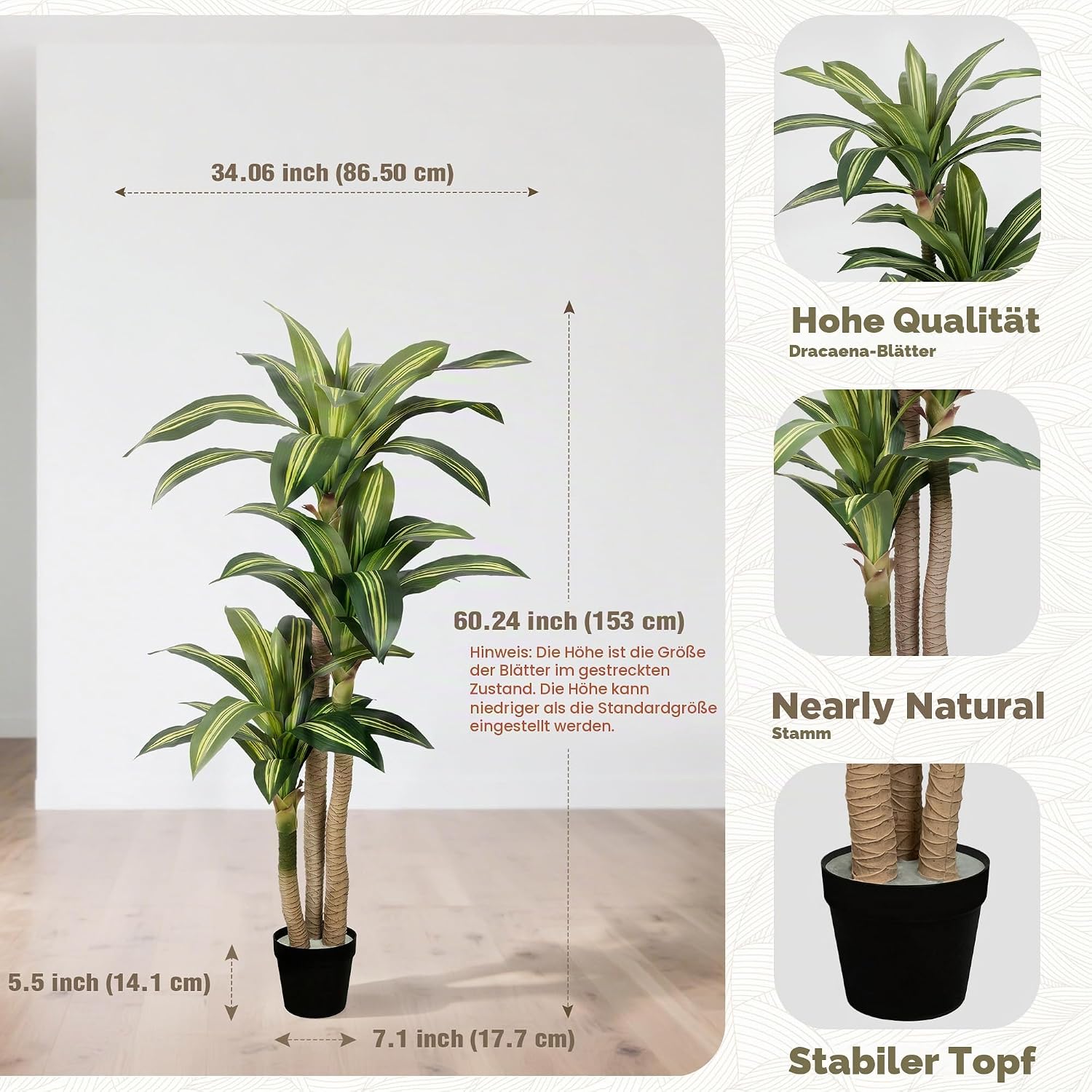 Vitalismo Artificial Dragon Tree Plants Artificial Plants Large Indoor Plants Fake Dracaena Plant for Living Room Bedroom Office Balcony Room Spring Decoration – Bild 6