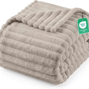 Utopia Bedding Striped Cuddly Blanket Fluffy [228 x 228 cm, Beige]