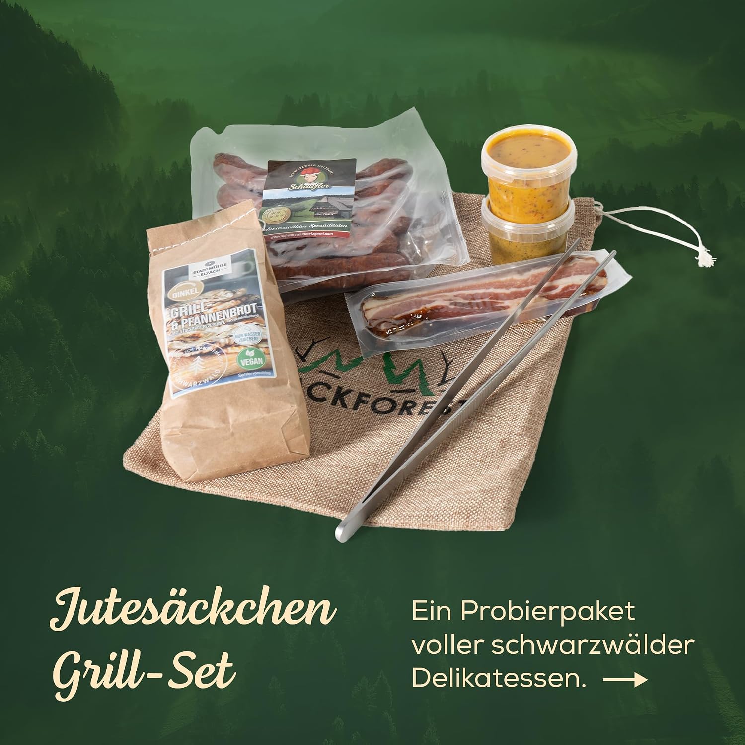 Grill Gift Set 7 Pieces in Jute Bag - Black Forest Specialities with Barbecue Tongs, Bacon, Farmer Sausages, Dips & Bread Baking Mix - Gift for Men & Grill Fans – Bild 2