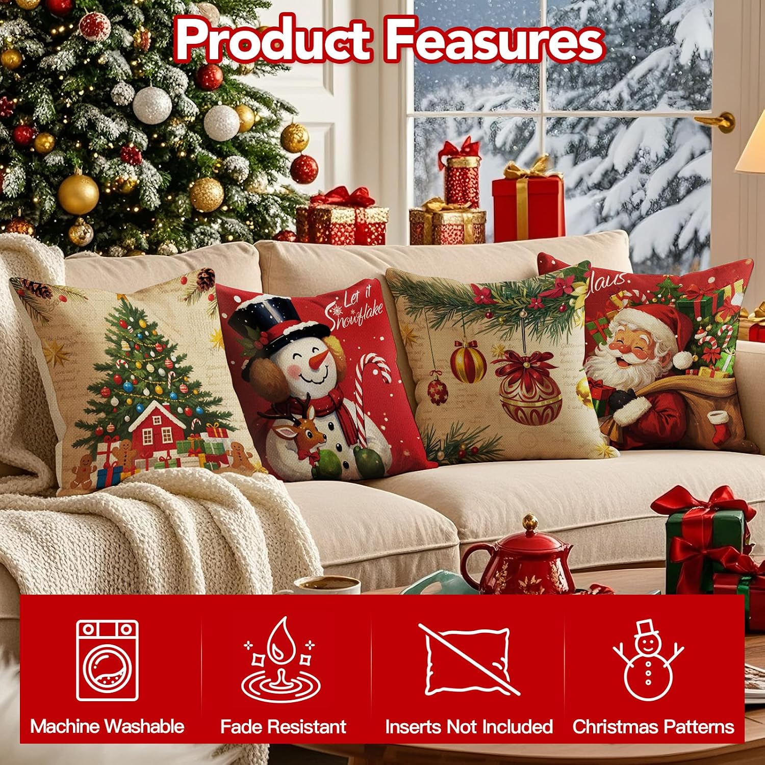 Christmas Cushion Cover, 45 x 45 cm, without Cushion Filling, Set of 4, Linen Look, Square Christmas Cushion Covers with Zip for Sofa, Living Room, Christmas Decorations (Multi-Colour) – Bild 5
