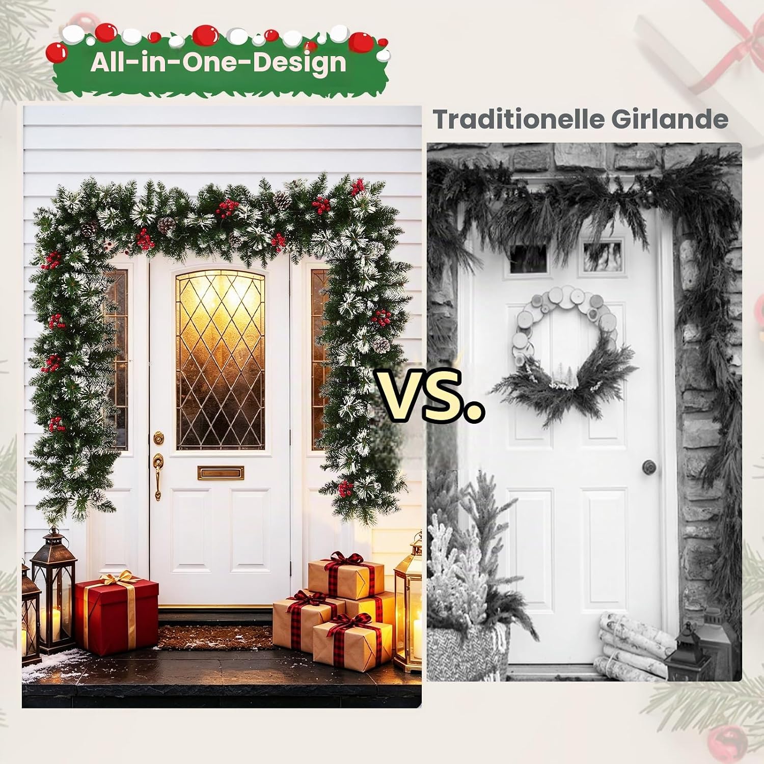 Christmas Illuminated Garland, Stairs Christmas Garland 2.7 M Artificial garland for stairs & outdoor decoration, battery operated, berries, pine cones, snowflakes, 8 light modes – Bild 7