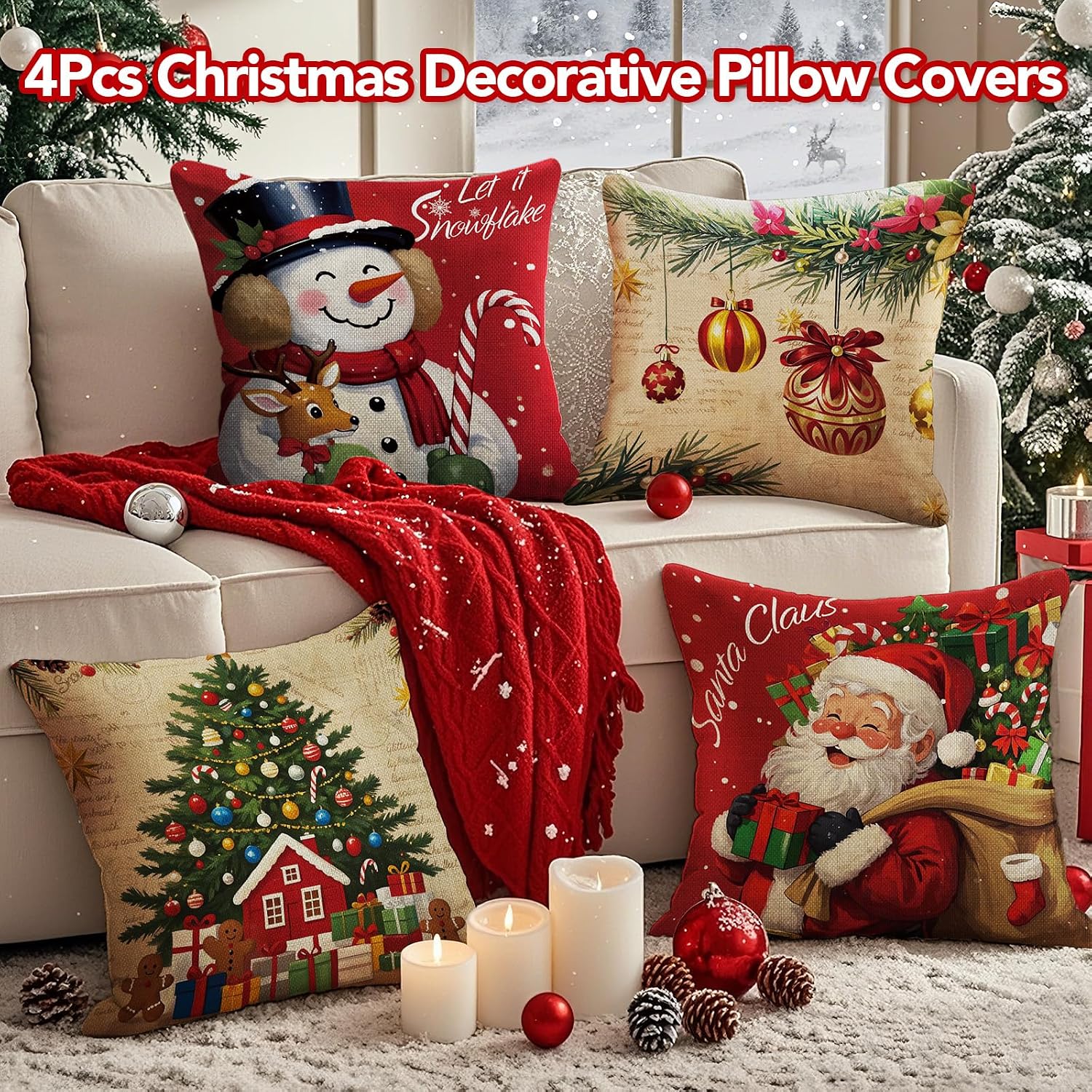 Christmas Cushion Cover, 45 x 45 cm, without Cushion Filling, Set of 4, Linen Look, Square Christmas Cushion Covers with Zip for Sofa, Living Room, Christmas Decorations (Multi-Colour) – Bild 2