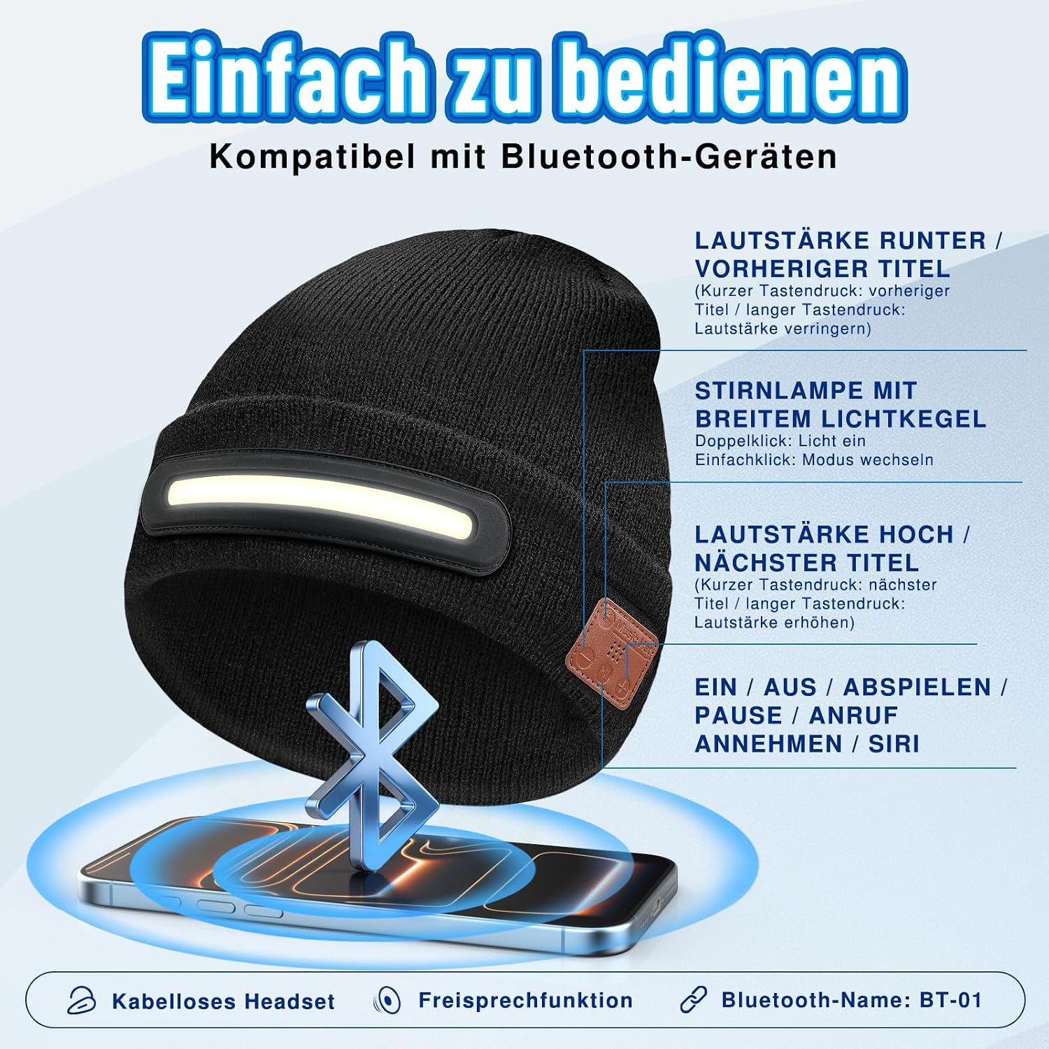 ZOOI LED Bluetooth Beanie Hat with Light, Gifts for Men Christmas – Bild 6