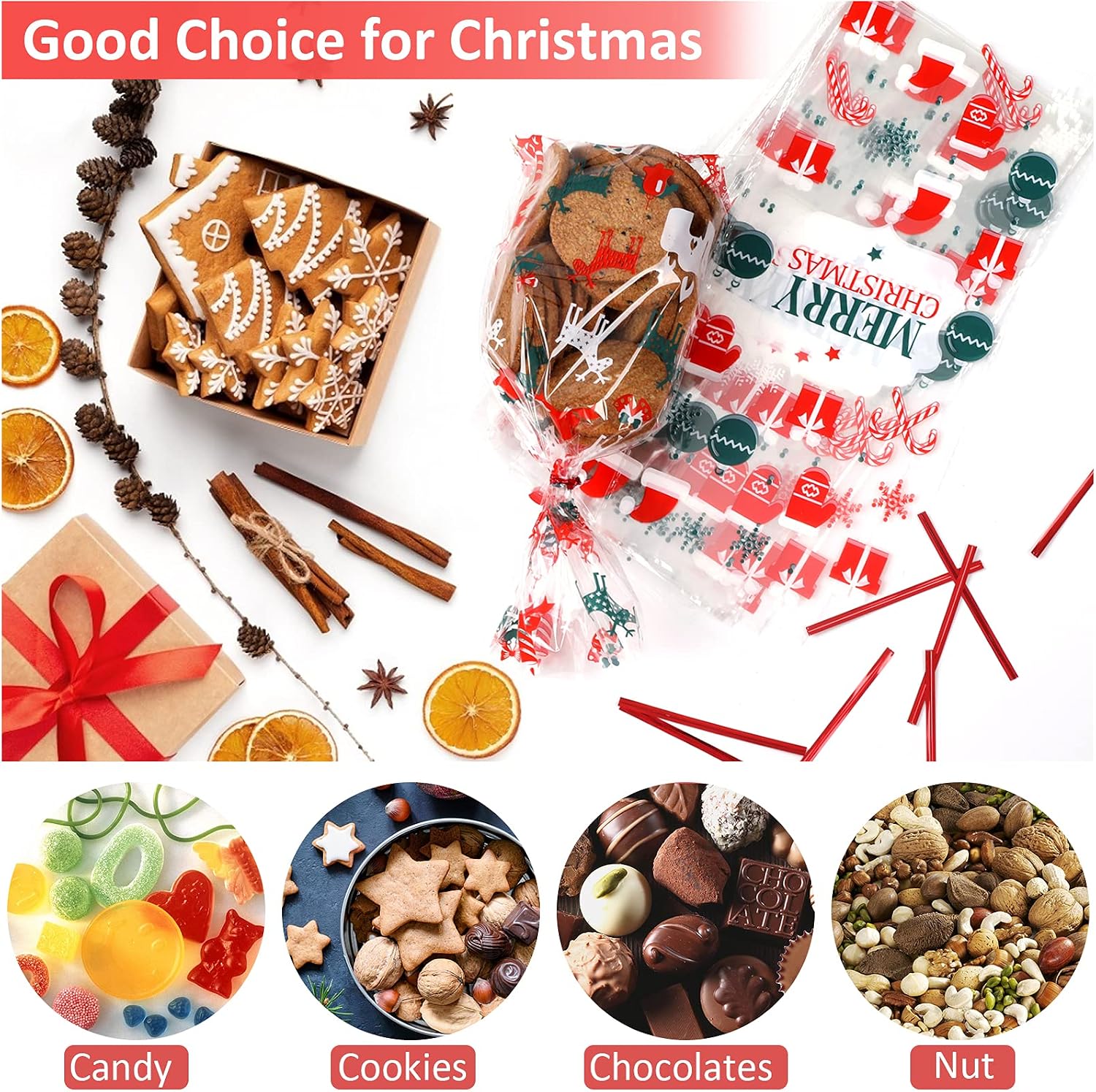 Pack of 120 Cellophane Bags, Christmas Candy Bags, Biscuits, Goody Bags with 120 Twist Ties, Bags for Filling, Cellophane Bags, Small for Cookies, Biscuits, Chocolates (5 Styles) – Bild 6