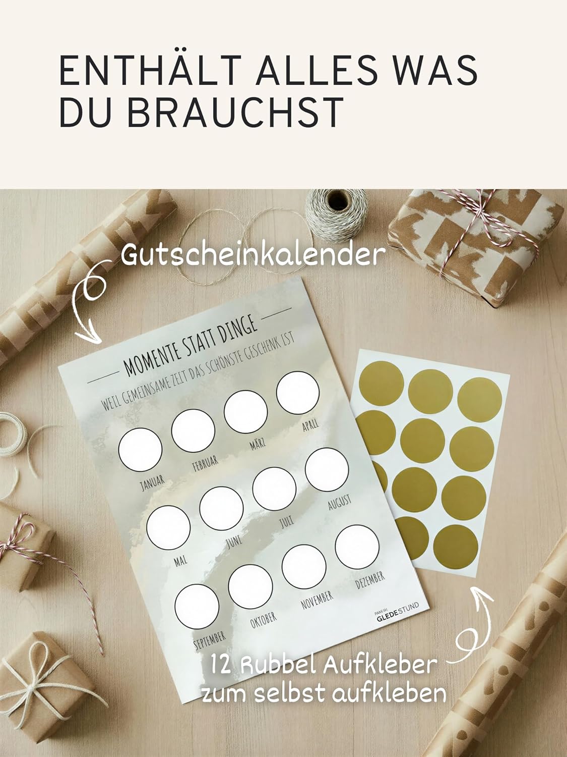 “Momente statt Dinge” Voucher Calendar, A4 with 12 Gold Scratch Stickers, “Time Instead of Stuff” Gift, Date Calendar for Couples & Friends, All Year Round, Personalised, Sage Grey – Bild 2