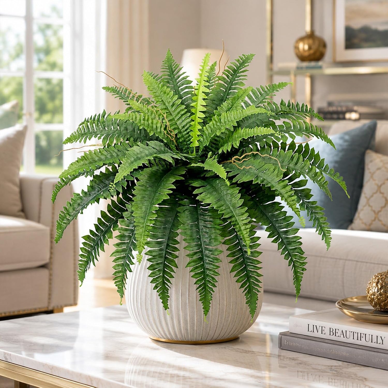 Boston Fern Artificial Plant, 90 cm, 2 Artificial Plants Like Real with 39 Leaves, Artificial Plants Suitable for Gardens, Porches, Patios, Home Offices for Outdoor Use – Bild 3