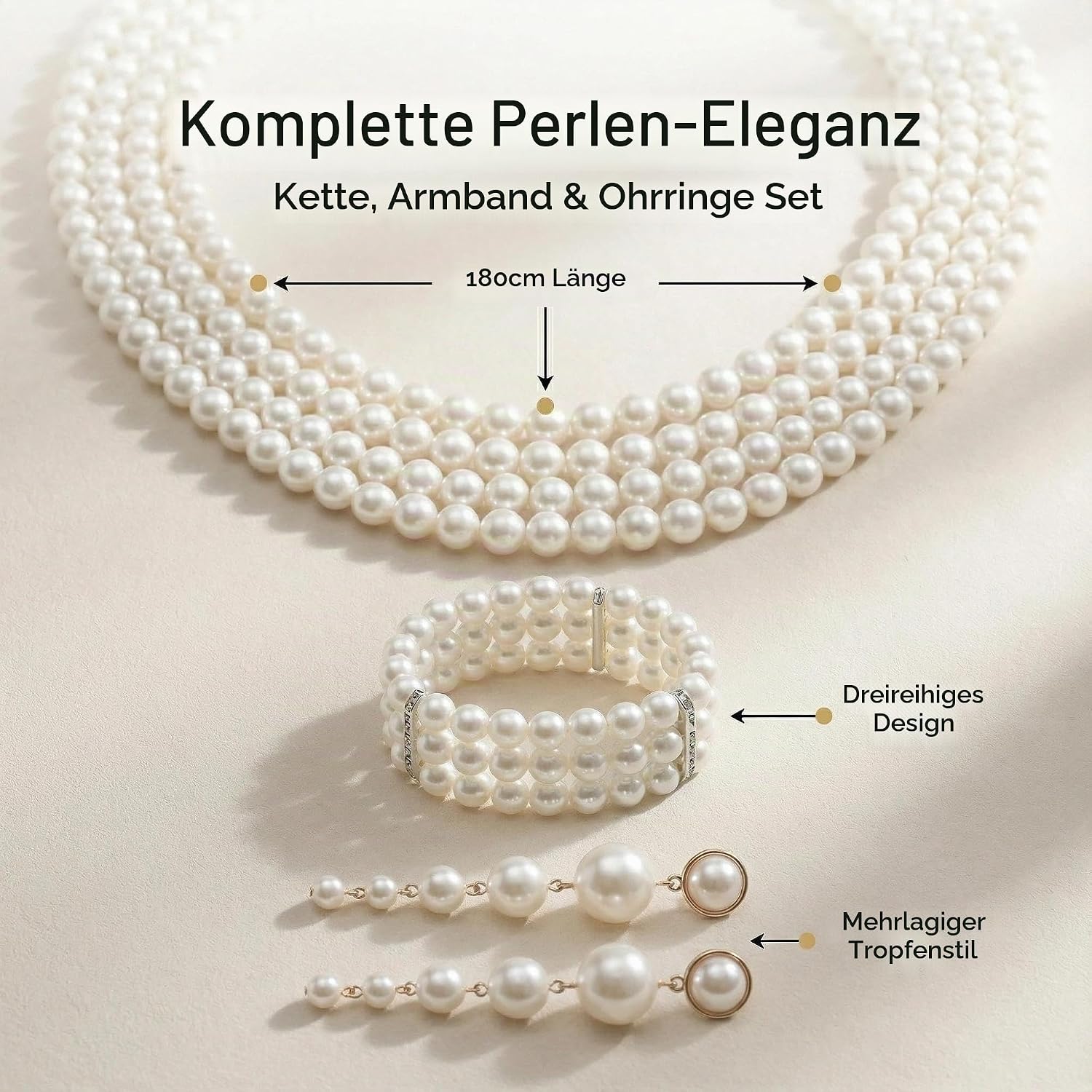 Set of 3 Beads with Long Earrings, 3 Rows Stretch Pearl Bracelet, 1920s Pearl Necklace, 1920s Accessories, Pearl Jewellery Set for Women for Party, Prom, Wedding, Festival – Bild 2