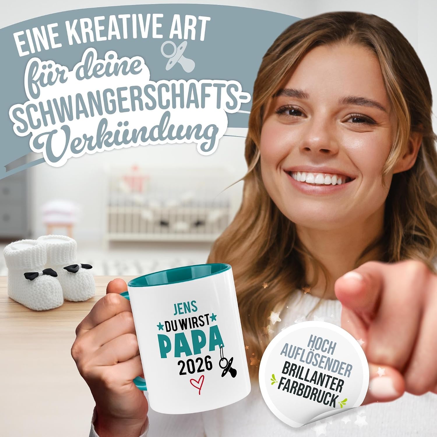 Tassendruck Baby News Mug with Name & Year Design Yourself – Du wirst Papa – Personalised Gift for Pregnancy for Expecting Father – Ceramic Mug, 300 ml, Inner and Handle Turquoise – Bild 2