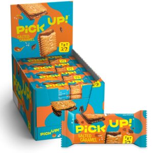 PiCK UP! Salted Caramel (24 x 28 g) Cream Salt Caramel Bar in a Bar Milk Chocolate Between Two Cookies, The Snack on the Go Counter Stands of 24