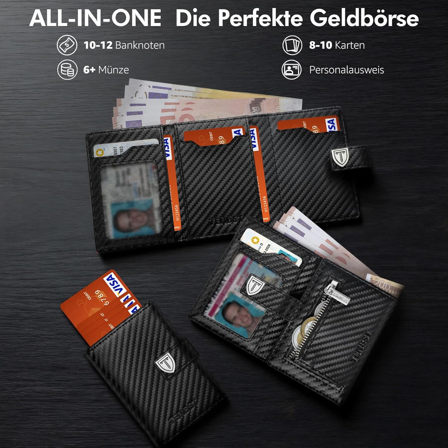 TENBST Men's Ultra Thin Wallet with Coin Compartment & RFID Protection, Premium Slim Wallet, Luxury Wallet Card Case for 10 Credit Cards, Gifts for Father's Day - Black & Orange – Bild 2
