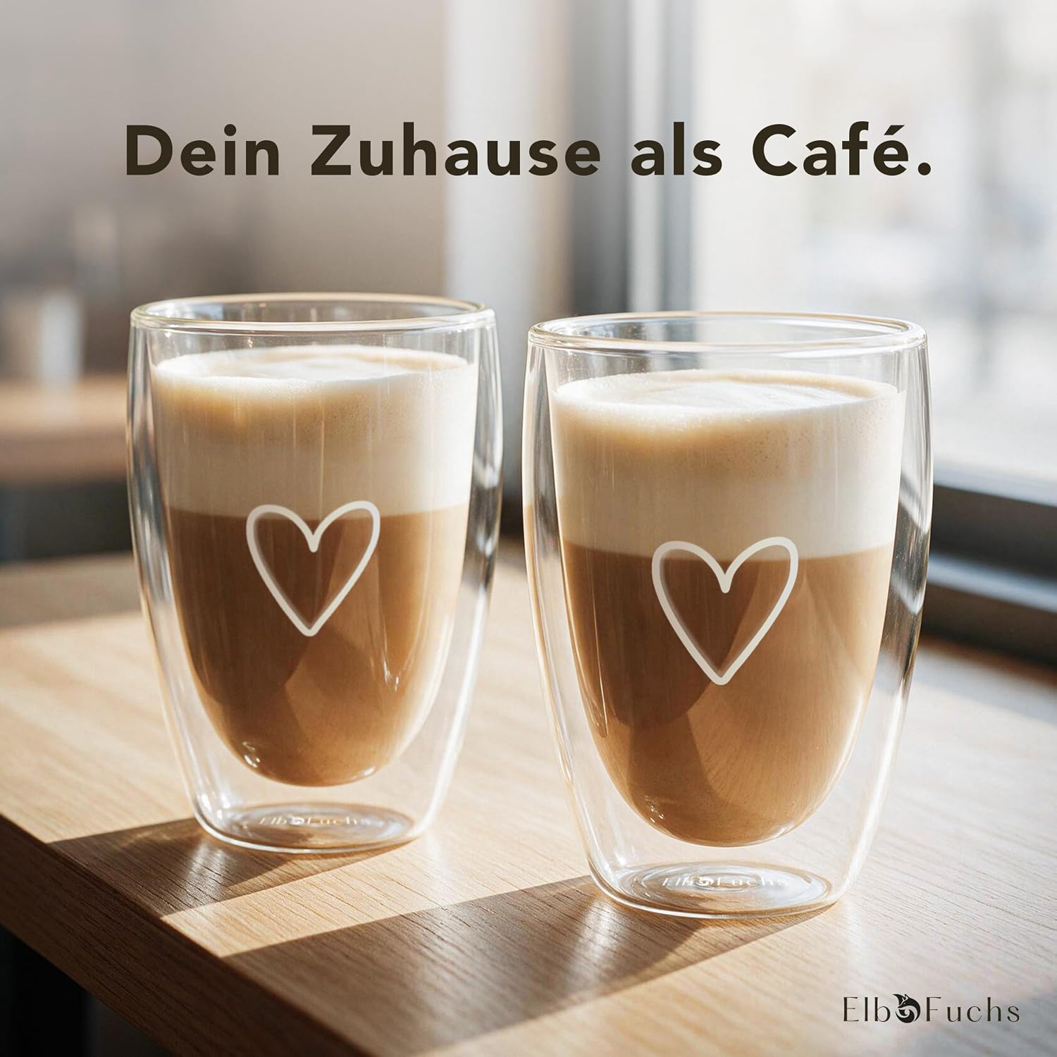 ElbFuchs® Latte Macchiato Glasses Double-Walled, 4 x 350 ml, Gift Idea with HEART, Crystal Clear Thermal Glasses Double-Walled, Ideal as Cappuccino Glasses, Coffee Glasses, Tea Glasses – Bild 2